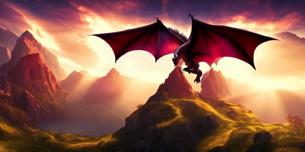 Image similar to fantasy portrait of a dragon in flight. Sunset. Volumetric light. Soft god rays. Surreal. Beautiful. Golden ratio. Rule of thirds. Mountains in the background. Game of thrones. Photorealistic.