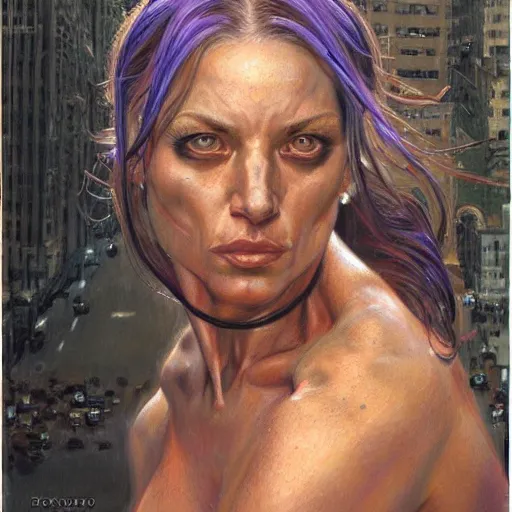 Image similar to frontal portrait of a emotional muscular female survivor in a city, by donato giancola.