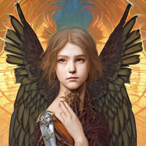 Image similar to portrait of young aasimar angel girl maiden wearing comfy leather armor with beautiful feathered angel wings, brown eyes, by artgerm and greg rutkowski and alphonse mucha and andrei riabovitchev and Rossdraws and Bluesssatan and Mandy Jurgens and Stjepan Sejic, 4k oil on linen, vivid colors, colorful, photorealistic, high dynamic range, HDR, intricate, elegant, highly detailed, digital painting, artstation, concept art, smooth, sharp focus, illustration, mid-shot, medium shot, hyperdetailed