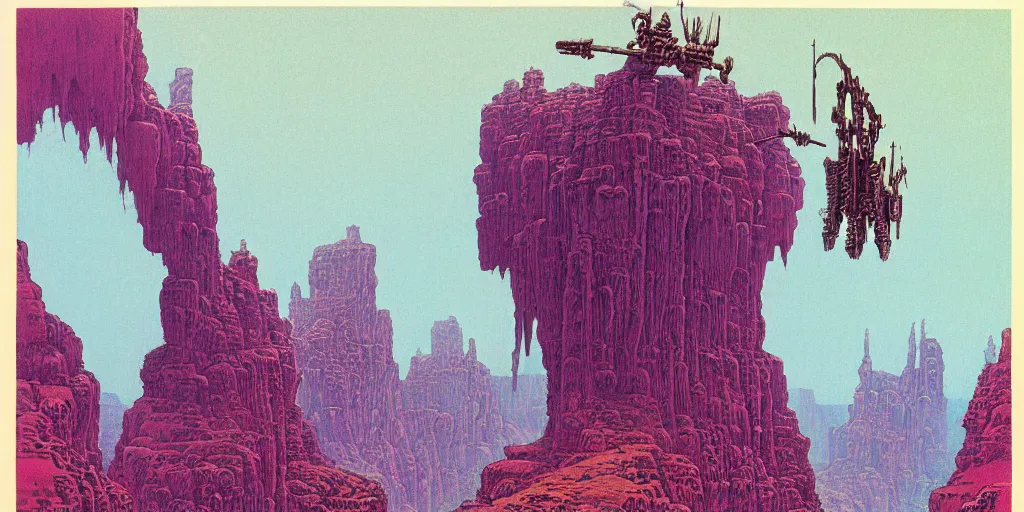 Image similar to grainy risograph matte painting of exotic animals on tall legs, gigantic huge mech with huge swords, pastel matte colors, staying in the toxic canyon, by moebius, hyperrealism, intricate detailed