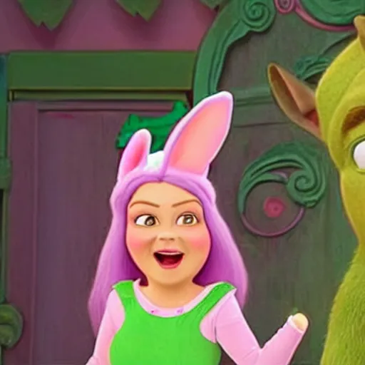 Image similar to A still of Louise Belcher in Shrek (2001), wearing a pink bunny ears hat and green dress, black hair