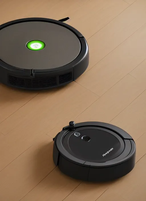 Image similar to A robot roomba standing on its own mechanical limbs, professional 3D render, studio quality, octane render