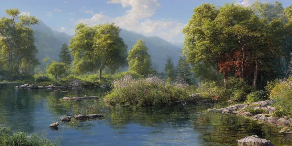 Image similar to a beautiful lake landscape in summer, by Ernest deutsch + Ted Nasmith, cinematic lighting, masterpiece, highly detailed, 8k resolution, trending on art station