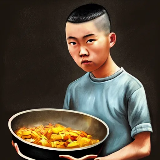 Image similar to dramatic portrait of chinese boy buzz cut, holding a cooking pan, digital painting