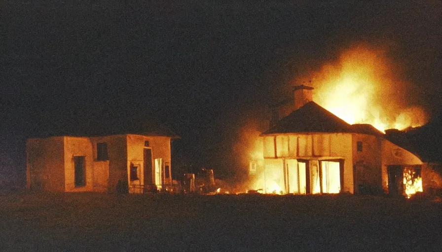 Image similar to 1 9 7 0 s movie still of a heavy burning french style little house by night in autumn, in a small northern french village, by sony mini dv camera, heavy grain, low quality, high detail, dramatic light, anamorphic, flares