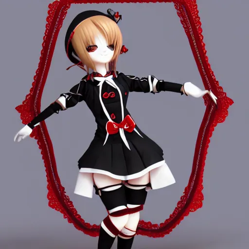 Prompt: cute fumo plush of a gothic maiden in a black and red gold lined uniform, laces and ribbons, soft shadow, anime girl, vray, symmetry, white frame