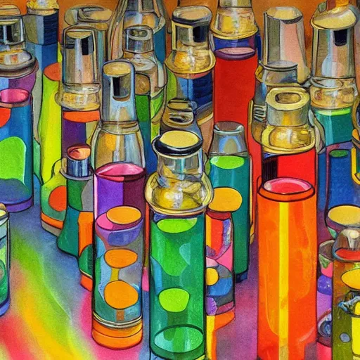 Image similar to detailed painting of an alchemist lab, large tubes, colorful liquid