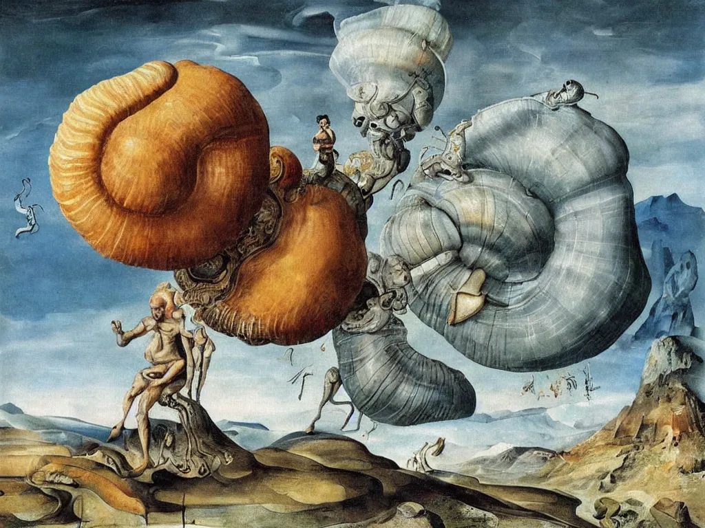 Prompt: Man riding a giant strange snail-like creature an icy alien planet. Giant seashells rocks, mountains. Iridescent insects. Painting by Lucas Cranach, Salvador Dali