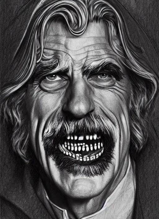 Image similar to hyperrealist pencil sketch of sam elliott as dracula by david malan and alphonse mucha, fantasy art, drawing, fangs, dynamic lighting, artstation, poster, volumetric lighting, very detailed faces, 4 k, award winning