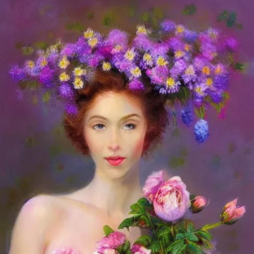 Image similar to a portrait of a romantic woman with flowers grow out of hair, roses peonies forget-me-nots dahlias lupins gladioli, sky theme in background, by Alexandr Averin, Digital Art, Trending on artstation