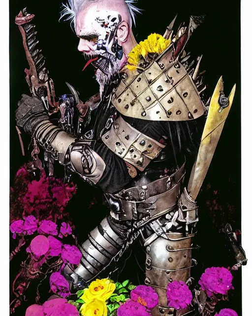 Image similar to portrait of a skinny punk goth wilford brimley wearing armor by simon bisley, john blance, frank frazetta, fantasy, thief warrior, colorful flowers floral