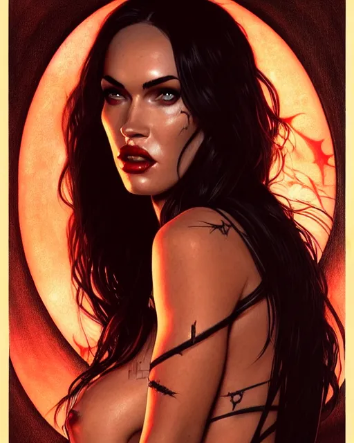 Image similar to portrait of megan fox as purgatori, vampire, horns, red skin, chaos comics, coffin comics, hell, intricate, headshot, highly detailed, digital painting, artstation, concept art, sharp focus, cinematic lighting, illustration, art by artgerm and greg rutkowski, alphonse mucha, cgsociety