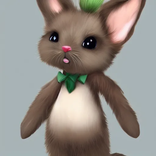 Image similar to little anthropomorphic bunny, green eyes, light brown fur, grey hair, wlop