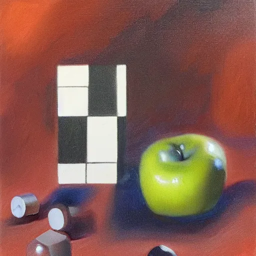Image similar to an apple playing chess, realistic oil paint