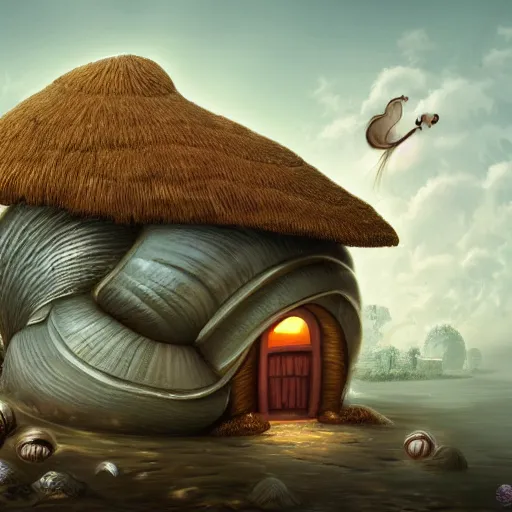 Prompt: Giant snail with shell replaced with a cottage. Digital art, trending on artstation