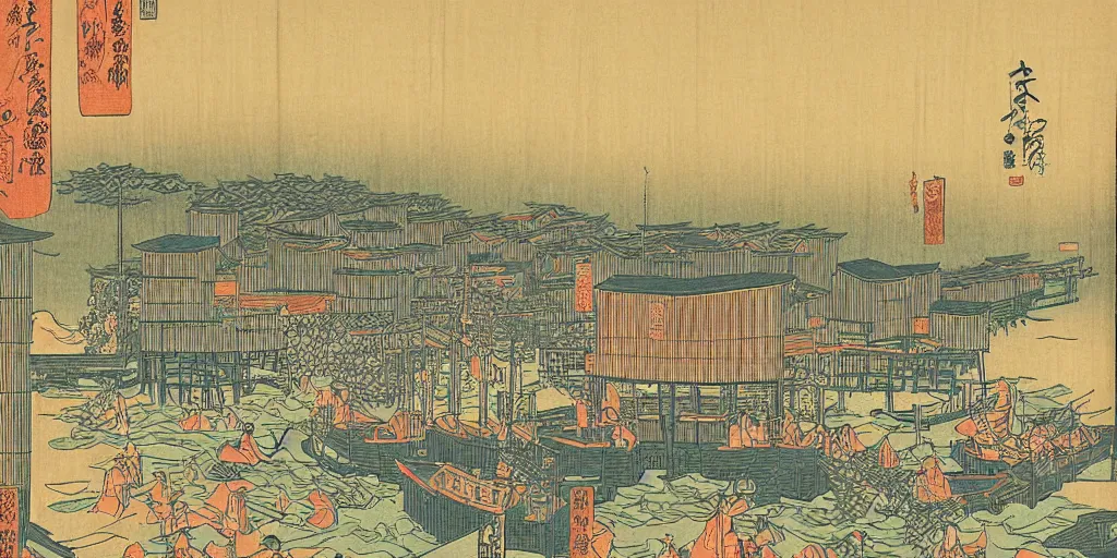 Image similar to woodblock print of a japanese harbor at midnight, beautiful lighting, deep colors, extremely intricate, hyper detailed, hd, edo period masterpiece