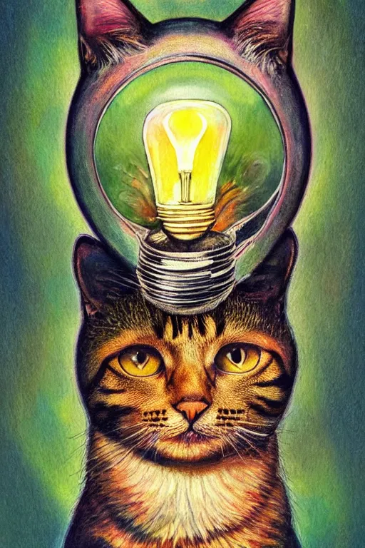 Prompt: portrait of a cat inside a light bulb, modern fine art, dreamscape, intricate, elegant, subsurface scattering, highly detailed, pop art painting, organic acrylic flow art, psychedelic surreal art, acrylic art, watercolor, featured on deviantart, cgsociety