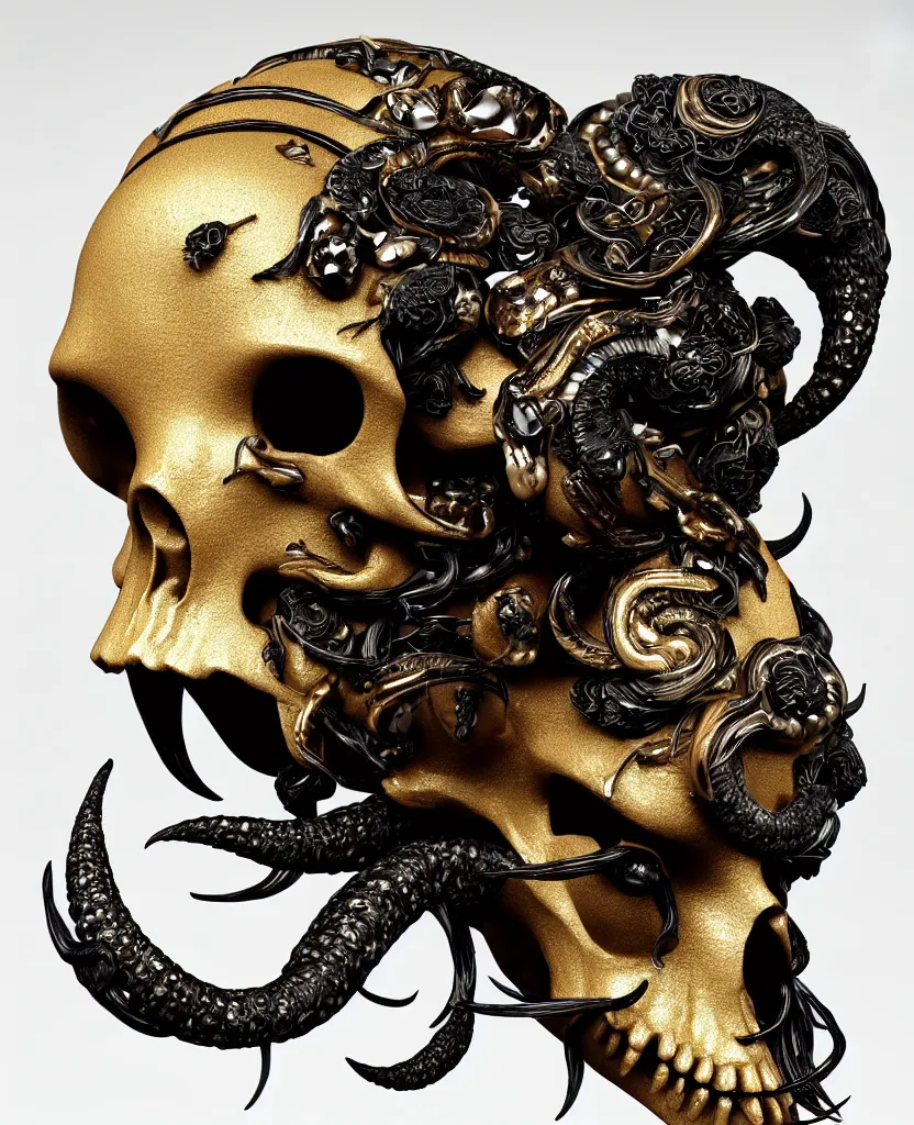 Image similar to goddess princess face close-up portrait ram skull. sculpture made of black clay and gold. jellyfish phoenix head, nautilus, orchid, skull, betta fish, bioluminiscent creatures, intricate artwork by Tooth Wu and wlop and beeple. octane render, trending on artstation, greg rutkowski very coherent symmetrical artwork. cinematic, hyper realism, high detail, octane render, 8k