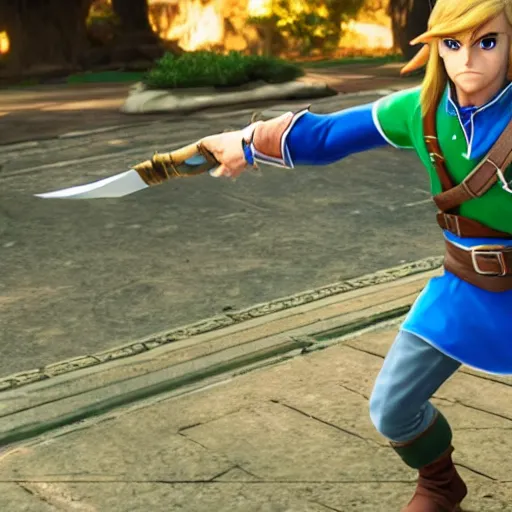 Image similar to link from zelda in tekken 7, 4 0 mm lens, shallow depth of field, split lighting