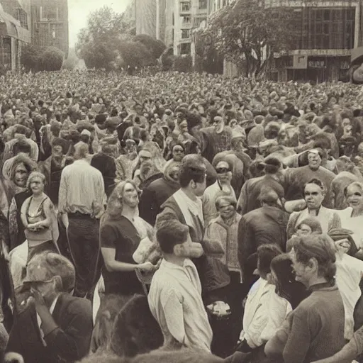 Image similar to a vintage photo of a man with lizard eyes in a crowd of people, old photo, sepia, real photo