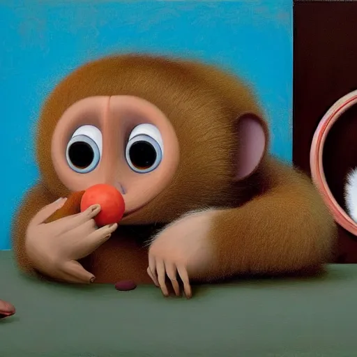 Prompt: hyper realistic cute fluffy big-eared brown Cheburashka with big eyes has huge mouse ears, looking at a tangerine, by Edward Hopper and James Gilleard, Zdzislaw Beksisnski, higly detailed