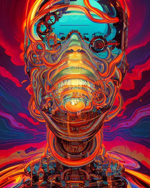 Prompt: robot cyborg head, portrait, artificial consciousness, delirium, chaotic storm of twisting liquid smoke, by james jean, dan mumford, liam brazier, peter mohrbacher, anato finnstark, swirling fluid smokey enigma, radiant light