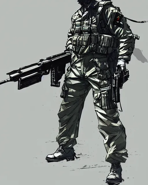 Image similar to a soldier wielding a machine gun, concept art, artstation, trending, highly detailed, smooth, focus, art by yoji shinkawa