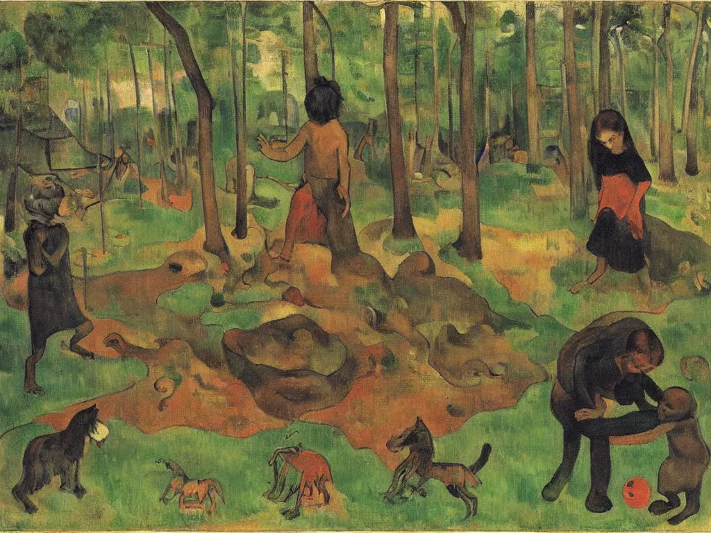 Prompt: an evil 6 - eyed wolf observing a child in the forest playing with a toy next to a hut, by paul gauguin and balthus,