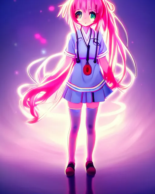 Image similar to anime style, vivid, expressive, full body, 4 k, painting, a cute magical girl with a long wavy hair wearing a nurse outfit, stunning, realistic light and shadow effects, neon lights, centered, simple background, studio ghibly makoto shinkai yuji yamaguchi