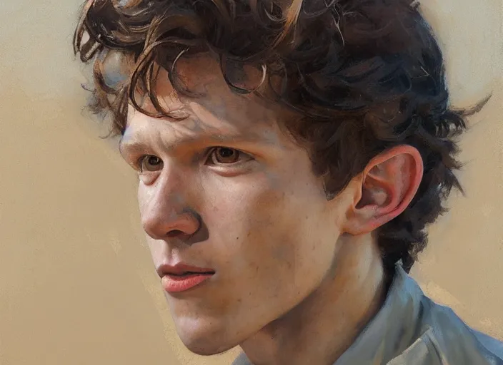 Image similar to a highly detailed beautiful portrait of tom holland, by gregory manchess, james gurney, james jean