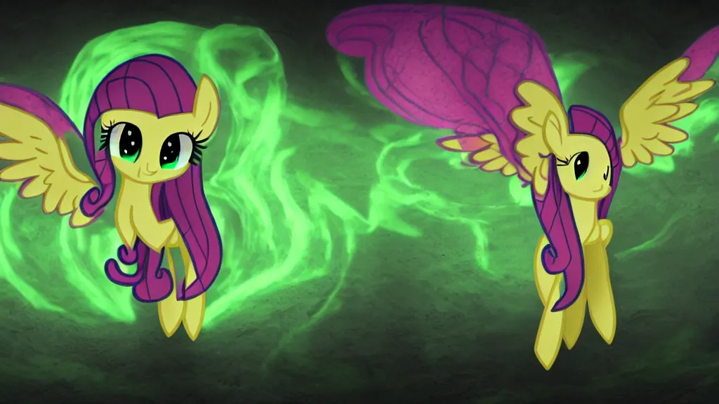 Image similar to 3D Fluttershy from My Little Pony as a necromancer, standing over a tomb stone, bright green swirls coming up it, glowing aura around her, pitch black background, dramatic and colorful lighting, she is surrounded by green chibi glowing skulls, smoke all around, insane special effects, unrealengine, 4k, HDR, unique camera angle, bones lying on the ground, inside a crypt, skeletons rising from the dead