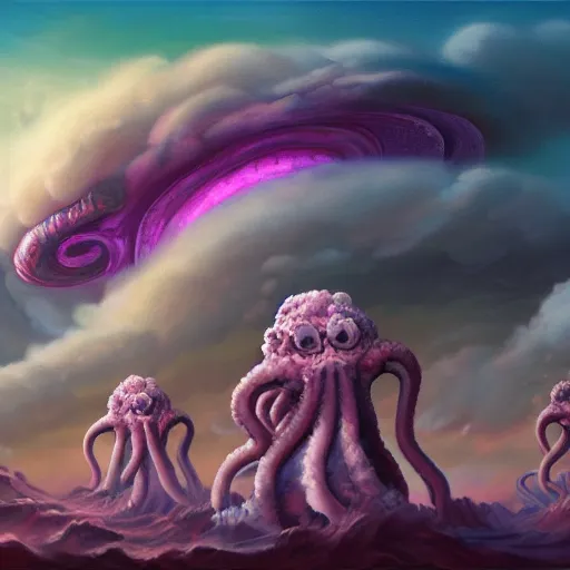 Prompt: A painting of large, tentacled, multi-eyed creatures, surrounded by fluffy pink and purple clouds, in the atmosphere of a gas giant, trending on artstation