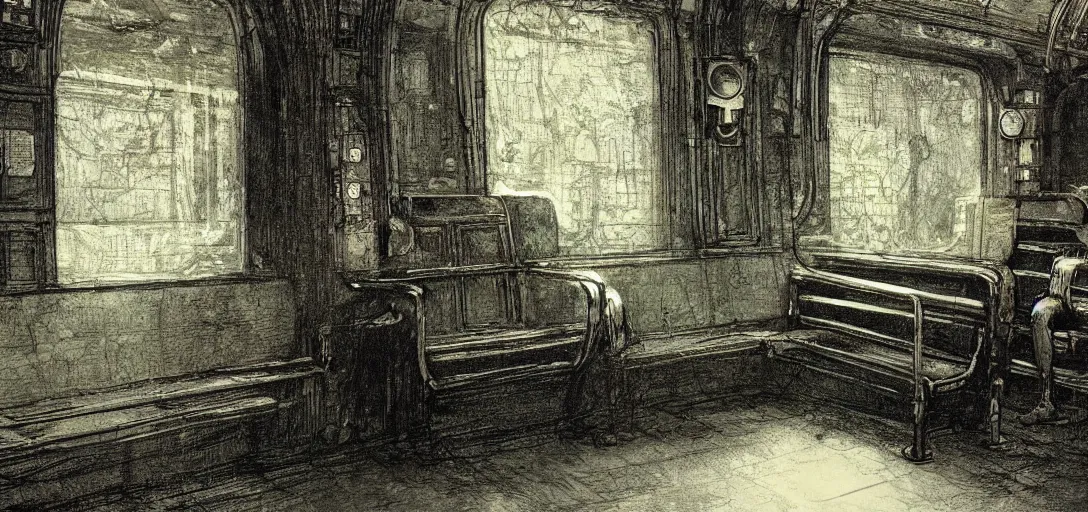 Image similar to an open book on a subway seat with ink bleeding out from the pages, by grimshaw, detailed, concept art