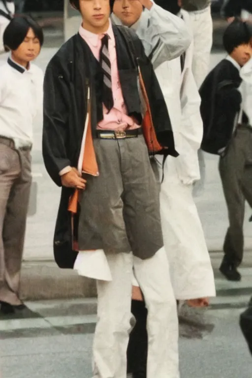 Prompt: ryan gosling in a japanese male highschool outfit, standing in tokyo