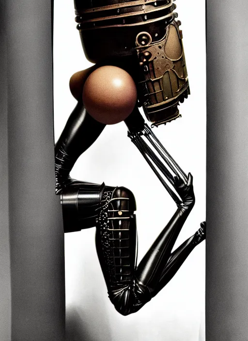 Prompt: photography of beautyful female android steampunk by irving penn,