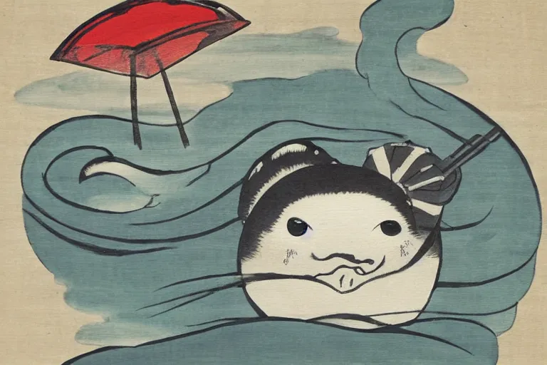 Image similar to baby harp seal as Yōkai, traditional Japanese painting