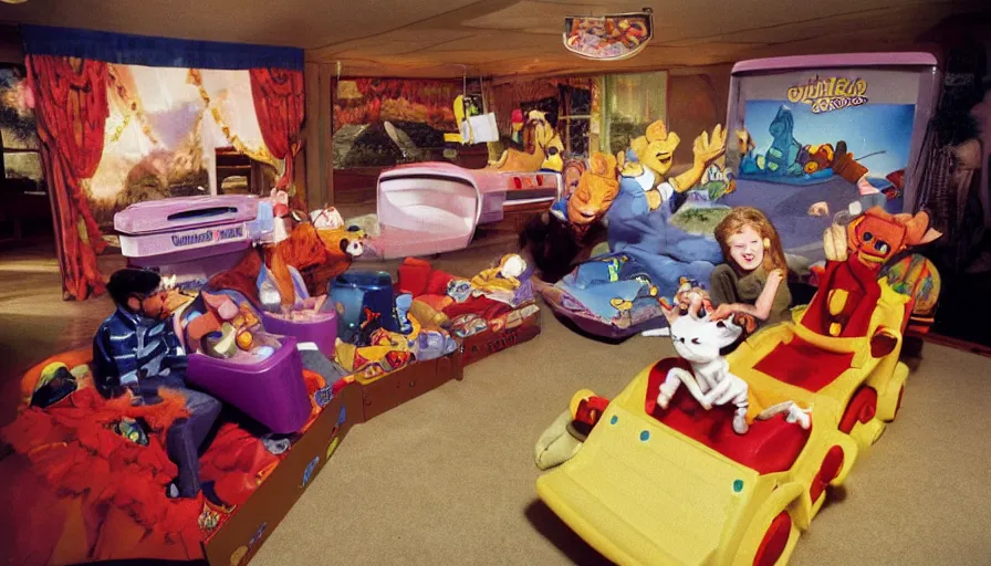 Image similar to 1990s photo of inside the Garfield's Wild Dream ride at Universal Studios in Orlando, Florida, children riding a box with a blanket, with Garfield the cartoon cat, through a living room filled lasagna, coffee cups, and lava lamps, cinematic, UHD