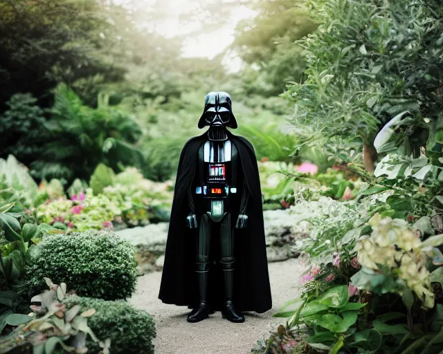 Image similar to 8 5 mm photography of darth vader in an avocado costume near a garden with sand with dof and bokeh and flowers