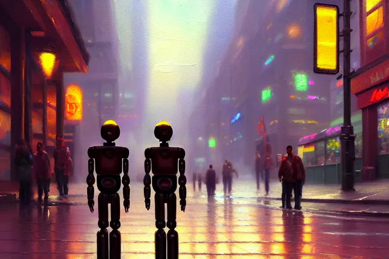 Prompt: centered oil painting of a humans and robots waling on street in future, octane rendering, trending on artstation, thomas kinkade and james gurney