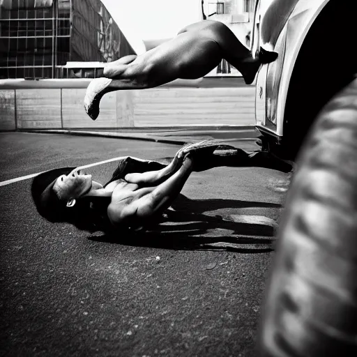 Image similar to car jumping, bodybuilder, woman, holding, photo, digital art, hands, underbody, tire, throw, standing