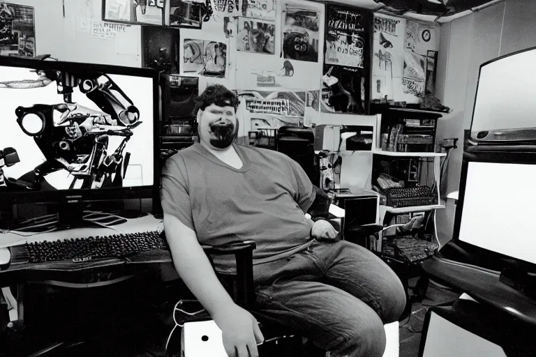 Image similar to large man with a robot arm sitting in a gamer chair, from 1999, bathed in the glow of a crt television, crt screens in background, low-light photograph, in style of terry richardson