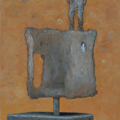 Image similar to a detailed impasto painting by shaun tan and louise bourgeois of an abstract forgotten sculpture by ivan seal and the caretaker