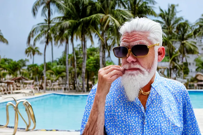 Prompt: an old man with white hair and a white beard, wearing thin gold wire frame sunglasses, wearing a white patterned button down shirt open three buttons to show his chest, wearing a thin gold chain necklace with a gold pendant, in an empty pool, in a resort with people walking around in the background, aged polaroid vacation photo style