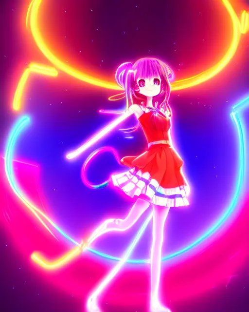 Image similar to anime style, vivid, expressive, full body, 4 k, painting, a cute magical girl idol with a long wavy colorful hair wearing a colorful dress, correct proportions, stunning, realistic light and shadow effects, neon lights, studio ghibly makoto shinkai yuji yamaguchi, wlop