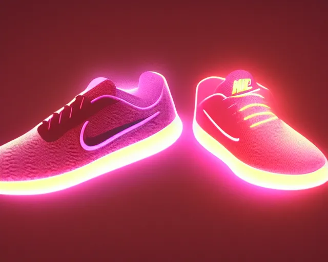 Prompt: A 3D concept desing of futuristic nike sneakers with neon lights from below, octane render