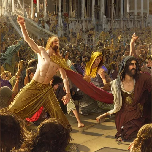 Image similar to a detailed picture of jesus throwing the merchants out of the temple, thrown tables, scattered gold coins, fleeing merchants, fantasy, intricate, elegant, highly detailed, digital painting, artstation, matte, sharp focus, illustration, art by john collier and albert aublet and krenz cushart and artem demura and alphonse mucha