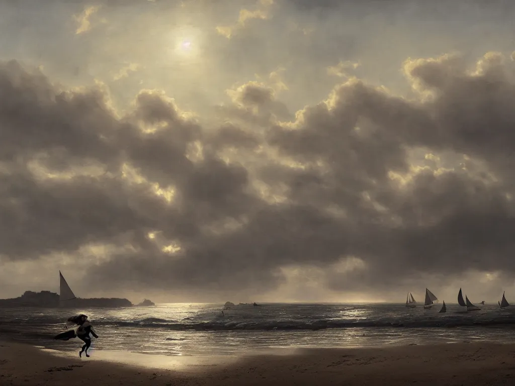 Prompt: springer spaniel running along a beach, quiet with a few boats in the background, peaceful, epic lighting, evening sunlight, cinematic, volumetric lighting digital art by greg rutkowski, roberto ferri, jeremy lipking, trending on art station, 8 k, highly detailed, hyper realistic, photorealistic