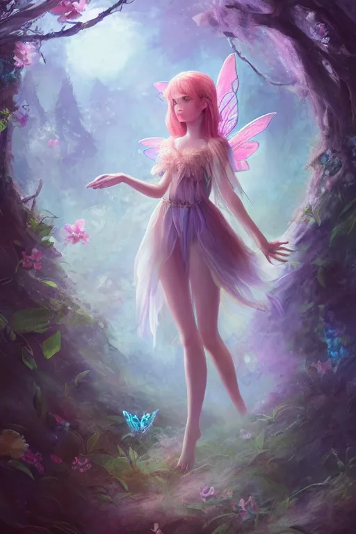 Image similar to a cute and geogerous fairy in the dreamy forest, fantasy, dreamlike, 8 k resolution, hyper detailed, d & d, character design, digital painting, trending on artstation, sharp focus, illustration, art by viktoria gavrilenko, hoang lap, fuji choko, steve zheng,