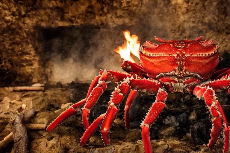 Prompt: royal king crab in his castle, in 2 0 1 2, bathed in the the glow of a fire, royalcore, low - light photograph, photography by tyler mitchell