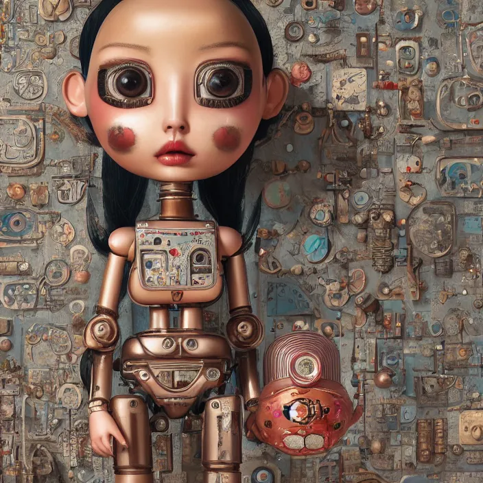 Image similar to closeup portrait of tin toy robot bikini girl trap, depth of field, zeiss lens, detailed, symmetrical, centered, fashion photoshoot, by nicoletta ceccoli, mark ryden, lostfish, breathtaking, 8 k resolution, extremely detailed, beautiful, establishing shot, artistic, hyperrealistic, octane render